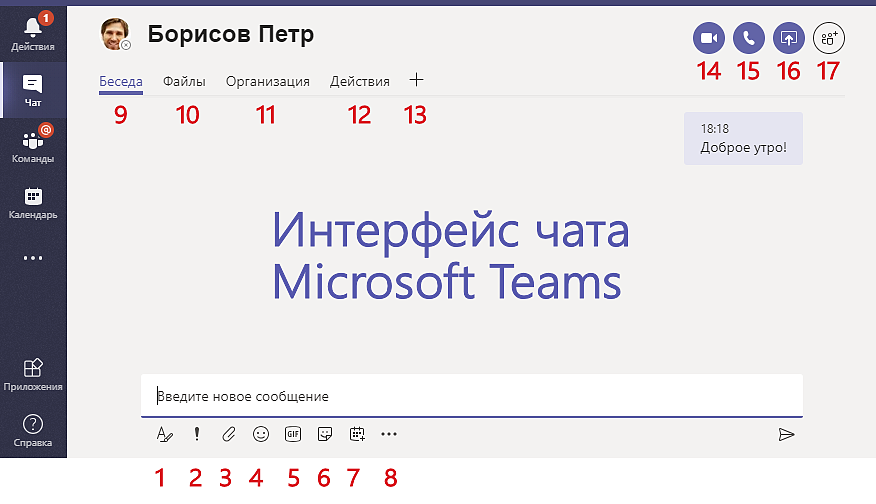 Интерфейс чата Microsoft Teams